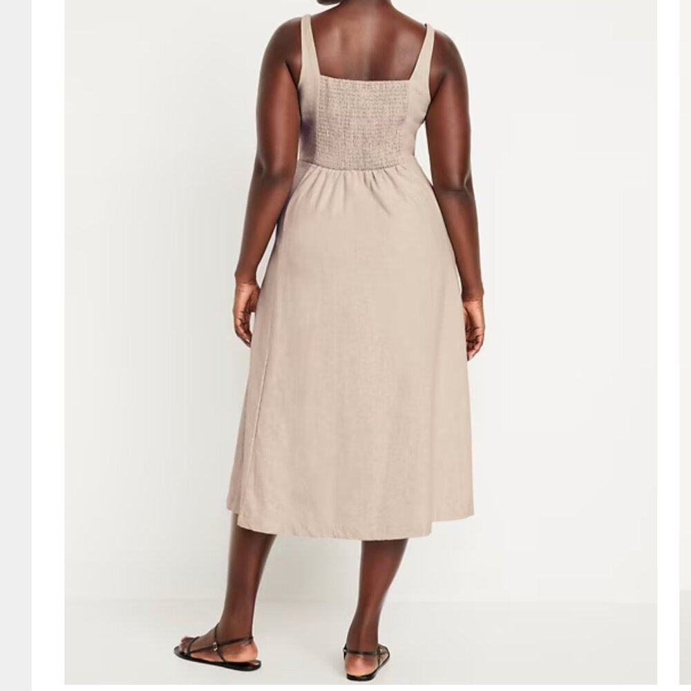Old Navy Linen Blend Khaki fit & flare sleeveless midi dress XL coastal boho - Picture 2 of 9